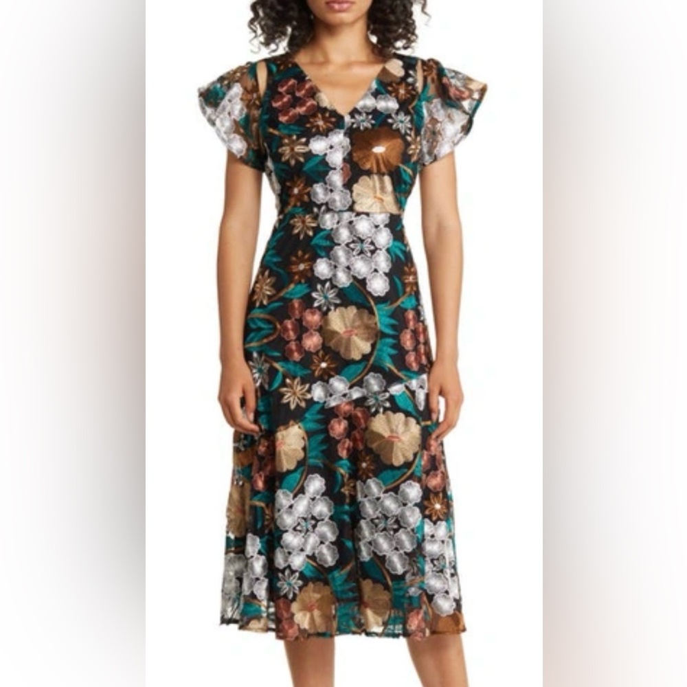 Sam Edelman Black Flutter Sleeve Neutral Embroidered Floral Midi Dress